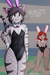 2019 3_toes abstract_background bow_tie breasts bulge bunny_ears_(disambiguation) carol_(stareostar) cleavage clothed clothing collar crossdressing dark_hair dialogue domestic_cat english_text felid feline felis fishnet furry gloves hair handwear holding_object lagomorph leotard leporid liam_(stareostar) male male_focus mammal open_mouth phone rabbit red_hair signature smile stareostar text toes