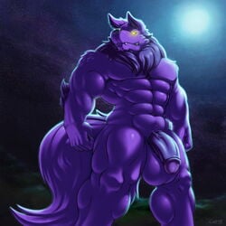 1:1 2019 abs anthro arm_tuft balls biceps big_balls big_muscles big_penis big_tail black_lips black_sclera canid canine canis chin_tuft corrsk crotch_tuft detailed_background digital_media_(artwork) fangs flaccid fur glowing glowing_eyes hi_res humanoid_penis kastral lips male male_only mammal moon muscular muscular_male night nude outside pecs penis purple_fur shoudler_tuft sky smile solo star thick_penis tuft were werecanid werecanine werewolf wolf yellow_eyes