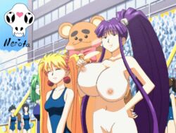 animated banana bouncing_breasts breasts edit eiken female kirika_misono large_breasts nerota nipples nude nude_edit nude_female purple_hair screenshot screenshot_edit swimsuit vagina