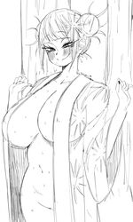 1girls big_breasts blush breasts chubby coffing_(artist) himiko_toga huge_breasts japanese_clothes kimono monochrome my_hero_academia naughty_face navel nude open_robe seductive seductive_smile smile sweat wet wide_hips