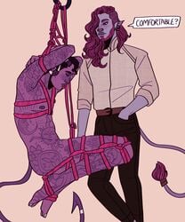 2boys blush bondage caduceus_clay clothed_male_nude_male critical_role critical_role:_the_mighty_nein dom/sub dungeons_and_dragons duo firbolg gay maledom malesub mollymauk_tealeaf multiple_boys nude rabdoidal restrained rope suspension tattoo tattoos tiefling trans_man transmasc yaoi