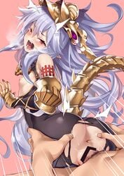 1boy absurdres anus armor ass ass_grab bangs bar_censor bare_shoulders black_bodysuit blush bodysuit breasts breasts_out censored doggy_style ebifurya elbow_gloves eyebrows_visible_through_hair fantia_reward female from_behind gauntlets gloves granblue_fantasy hair_between_eyes headpiece highres lavender_hair long_hair medusa_(shingeki_no_bahamut) nipples one_eye_closed open_mouth paid_reward penis pointy_ears pussy red_eyes saliva sex shingeki_no_bahamut skin_tight small_breasts solo_focus straight sweat tail tears torn_bodysuit torn_clothes trembling vaginal_penetration very_long_hair