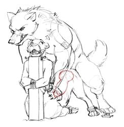 2018 adam_wan anal anal_penetration anal_sex animal_genitalia animal_penis anthro anthro_on_taur anthro_penetrating anthro_penetrating_taur arms_tied big_penis bondage bound canid canine canine_penis canis duo felid felid_taur from_behind_position fur gag hi_res internal interspecies knotting looking_back male male/male mammal mammal_taur monochrome nude open_mouth open_mouth_gag pantherine pantherine_taur penetration penile_penetration penis quadruped raised_tail ring_gag sex simple_background size_difference sketch spread_legs spreading taur taur_penetrated white_background wolf zaush