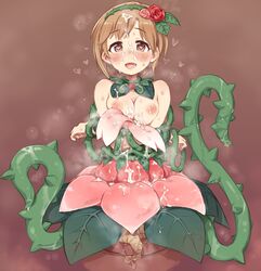 7010 :d aiba_yumi blush breasts brown_eyes brown_hair cum cum_on_body cum_on_breasts cum_on_hair cum_on_upper_body facial female flower hair_flower hair_ornament heart heart-shaped_pupils idolmaster idolmaster_cinderella_girls looking_at_viewer medium_breasts monster_girl monsterification nipples open_mouth plant plant_girl rose short_hair smile solo sweat symbol-shaped_pupils thorns transformation vines