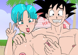 aqua_hair breasts bulma_briefs dark_hair dragon_ball dragon_ball_super dragon_ball_z goku male/female muscular muscular_male nipples saiyan son_goku touching_nipples