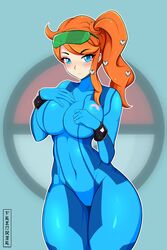 alternate_breast_size blue_eyes blush bodysuit cameltoe cosplay crossover eyewear_on_head female female_only frenxir glasses glasses_on_head green_glasses hourglass_figure human human_only large_breasts nintendo orange_hair pale_skin png pokemon pokemon_ss samus_aran_(cosplay) sonia_(pokemon) sunglasses_on_head zero_suit