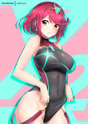 1girls adjusting_clothes adjusting_swimsuit aqua_background bangs black_swimsuit breasts casual_one-piece_swimsuit competition_swimsuit covered_navel cowboy_shot female female_only frontal_wedgie highres horny large_breasts looking_at_viewer nintendo one-piece_swimsuit pyra red_hair rei_kun short_hair solo standing swept_bangs swimsuit tiara turtleneck wedgie xenoblade_(series) xenoblade_chronicles_2