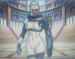 1girls abs arena areolae armor artist_request belly blonde_hair blush breasts fit gladiatrix navel nipples pubic_hair pussy source_request