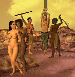 3d arms_above_head arms_behind_back artist_request barefoot bondage breasts captive dark-skinned_female dark_skin female femdom femsub male male_and_female_subs malesub multiple_females multiple_subs nude rope whip whip_marks