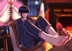 1boy 1girls amaaay_zing ass barefoot big_feet black_hair black_nail_polish black_nails black_toenail_polish black_toenails blind boruto:_naruto_next_generations breasts clothed clothed_female_nude_male dark-skinned_male dark_skin feet female footjob half-closed_eyes hyuuga_hinata hyuuga_hinata(genin) interracial motion_blur nail_polish naruto naruto_shippuden nude painted_nails painted_toenails penis shoes_removed small_penis straight text thick_thighs toenail_polish toes watermark wide_hips