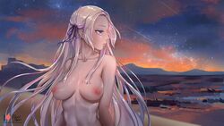 balcony blonde_hair breasts cloud comet edelgard_von_hresvelg female fire_emblem fire_emblem:_three_houses foxy_rain_(foxyreine) foxyrain_(foxyreine) foxyreine hair_ribbon long_hair mountain night night_sky nintendo nipples nude ocean purple_eyes ribbon sky star sunrise sunset waves