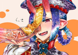 :d bangs blush braid erection fangs fate/grand_order fate_(series) female fingernails hat hikimayu horns kikuta large_penis long_hair oni open_mouth penis pointy_ears purple_eyes purple_hair red_nails sharp_fingernails shuten_douji_(fate) smile solo_focus talisman teeth tongue veins veiny_penis