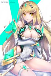 1girls arm_under_breasts armor armored_dress armpit_crease bangs bare_shoulders blonde_hair blush breasts circlet cleavage covered_navel dress earrings emerald_(gemstone) female female_only fully_clothed gloves highres horny jewelry large_breasts long_hair looking_at_viewer mythra_(xenoblade) nintendo only_female patreon_username rei_kun shiny shiny_skin sidelocks sitting smile solo swept_bangs thighs tiara xenoblade_(series) xenoblade_chronicles_2 yellow_eyes