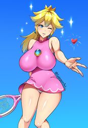 1girls big_breasts blonde_hair blue_eyes breast_focus busty female female_only fully_clothed huge_breasts large_breasts mario_(series) mario_tennis nintendo pale-skinned_female pale_skin panties princess_peach skimpy_clothes sole_gem solo tennis tennis_racket tennis_uniform thick_thighs thighs wide_hips