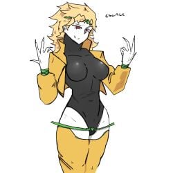 breasts clothed dio_brando escale fangs heart_symbol huge_breasts jojo's_bizarre_adventure pose posing red_eyes rule_63 sharp_fingernails simple_background stardust_crusaders vampire white_background white_body white_skin yellow_clothing yellow_hair