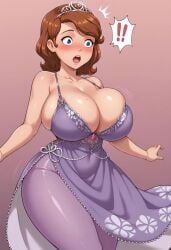 aged_up ai_generated bigpervywig blush cleavage disney dress huge_breasts princess purple_dress sofia_balthazar sofia_the_first thighhighs thighs