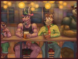 alcohol anthro archiblender ball_hair balls beer belt beverage bottomless bovid broken_horn bulge canid canine caprine clothed clothing erection erection_under_clothing facial_hair fox goat goatee group handjob hi_res horn humanoid_penis kilt lutrine male male/male male_only mammal muscular mustelid necktie nervous penile penis pubes sex shirt sid smile tank_top topwear uncut ursid vein veiny_penis