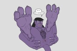 3_toes absurd_res anus ass balls body_hair butt_hair chest_hair countershade_feet countershading dialogue disney feet flaccid foot_fetish foot_focus foreskin gargoyle gargoyles genitals goliath_(gargoyles) hair hi_res humanoid_pointy_ears inviting_viewer long_hair looking_at_viewer male male_only muscular muscular_male penis pointy_ears presenting presenting_hindquarters pubes purple_body purple_skin small_balls small_penis solo spiffygreen spread_anus spread_butt spreading tail toes