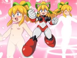 antennae armor armored_boots armored_gloves arms_up bikini_armor blonde_hair blue_eyes blush boots breasts censored clenched_hand green_ribbons hair_between_eyes hair_ribbon hairband headphones henshin highres hyper_roll_(marvel_vs._capcom) joints knee_boots large_breasts long_hair looking_at_viewer magical_girl marvel_vs._capcom mechanical_arms mechanical_boots mechanical_legs mega_man_(classic) mega_man_(series) nude ponytail radio_antenna red_armor ribbon robot robot_girl robot_joints roll_(mega_man) shoulder_armor sidelocks smile sparkle sparkle_background transformation yume_yoroi