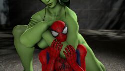 3d blueaurora3 blueaurorasfm chokehold femdom marvel marvel_comics naked_female she-hulk spider-man spider-man_(series)