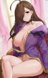 1girls ahoge antennae areola areola_slip areola_visible_through_clothing ass breasts brown_hair cleavage earrings huge_breasts kono_subarashii_sekai_ni_shukufuku_wo! long_hair looking_at_viewer navel nipple_slip open_shirt partially_clothed robe sendrawz shoulders tagme text thick_thighs wiz_(konosuba) yellow_eyes