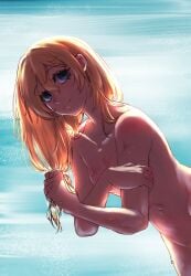 1girl androgynous bathing blonde_hair breasts bridget covering female girly guilty_gear nude ocean pubic_hair rinniwolf teenager trans_woman transfem water water_drop