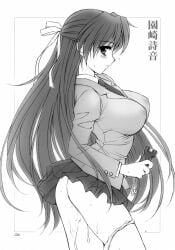 ass big_breasts black_and_white blush breasts closed_mouth doujinshi hair_ribbon higurashi_no_naku_koro_ni kuroda_akimi long_hair long_sleeves nipples_visible_through_clothing panty_pull pussy_juice_drip school_uniform shion_sonozaki skirt sweatdrop taser thighs underwear wet_thighs