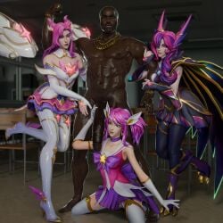 dark-skinned_male kai'sa league_of_legends luxanna_crownguard star_guardian_kai'sa star_guardian_lux star_guardian_series star_guardian_xayah vastaya xayah