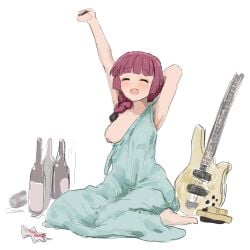 1girls armpit arms_up artist_request blush bocchi_the_rock! boob_out breast_slip casual_nudity closed_eyes dress feet female hiroi_kikuri nipple_slip oblivious one_breast_out sandals sandals_removed solo_female stretching wardrobe_malfunction