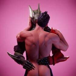 3d_(artwork) abs aj_(aj_racer95) aj_racer95 ajtr_95 anthro ass back_muscles black_hair canon_x_oc digital_media_(artwork) dragon duo epic_games fortnite hair hi_res holding_partner hug human human_on_anthro hybrid_(fortnite) interspecies kissing larger_anthro larger_male lizard male male/male mammal muscular muscular_anthro muscular_human muscular_male mythological_creature mythological_scalie mythology nude reptile romantic romantic_couple scalie size_difference smaller_human smaller_male