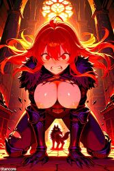(titancore) ai_generated all_fours angry big_breasts breasts breasts_out female fur_pelt girl inner_monster inner_wolf knight long_hair nipples red_hair sweatdrop temple torn_clothing warrior wolf