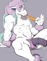 1boy animal_genitalia animal_penis anthro bodily_fluids bottomwear clothing equine_genitalia equine_penis food galarian_form galarian_ponyta generation_1_pokemon generation_8_pokemon genital_fluids genitals hi_res holding_food holding_object holding_popsicle leaking_precum licking_popsicle looking_at_viewer male male_only mane medial_ring multicolored_mane muscular nintendo orange_popsicle pandottermon penis pink_bottomwear pink_clothing pokémon pokémon_(species) ponyta popsicle popsicle_melting popsicle_stick precum purple_penis regional_form_(pokemon) simple_background sitting solo tongue two_tone_mane white_body