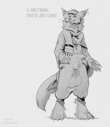 1boy 5_fingers animal_genitalia animal_penis anthro baggy_pants balls balls_to_knees biped blush bottomwear canid canine canine_penis claws clothed clothing dialogue digital_media_(artwork) digitigrade english_text fingers flaccid fluffy fox fully_clothed fur hi_res hyper hyper_balls hyper_penis ineffective_clothing majmajor male male_only mammal monochrome open_mouth pants penis sagging_balls see-through see-through_bottom see-through_clothing sheath simple_background smile solo standing text toe_claws topwear