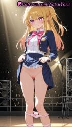 1girls ai_generated anime anime_style ass_visible_through_thighs audience bangs blonde_hair blue_jacket blue_skirt blush bow bow_panties bowtie breasts bust busty cleft_of_venus closed_mouth clothes_lift collared_shirt cropped_jacket dress_shirt drum feet_out_of_frame female female_focus female_only glowstick hair_between_eyes hi_res high_quality high_resolution highres hoshino_ruby idol indoors jacket kneehighs lifted_by_self long_hair long_sleeves looking_at_viewer medium_breasts microphone microphone_stand mismatched_pupils natsuyoru one_side_up open_clothes open_jacket oshi_no_ko paipan panties pantsu panty_pull patreon pink_bow pink_bowtie pink_eyes pink_panties pleated_skirt pussy red_eyes school_uniform shaved_pussy shirt sidelocks skirt skirt_lift socks solo solo_female spotlight stage stage_lights standing star-shaped_pupils star_(symbol) star_in_eye symbol-shaped_pupils symbol_in_eye thighs uncensored underwear vagina voluptuous voluptuous_female white_panties white_shirt white_socks youtou_high_school_uniform