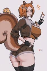 1boy 1girls 2d ass big_ass big_breasts bleach breasts cosplay crossover crossover_cosplay female fingerless_gloves fully_clothed huge_breasts inoue_orihime kon kon_(bleach) large_ass large_breasts looking_at_viewer male marvel marvel_rivals prixmal solo_focus squirrel_girl_(cosplay) squirrel_girl_(marvel) squirrel_girl_(marvel_rivals) two_fingers_up