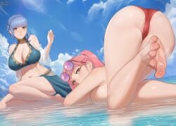 beach big_ass big_butt big_thighs big_titties bikini blue_hair character_request curvaceous curvaceous_female curvaceous_figure curvy curvy_figure curvy_hips feet feet_focus female female_focus female_only foot_fetish hilda_valentine_goneril looking_at_viewer magdaleno0 marianne_von_edmund pink_hair short_hair
