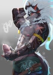 absurd_res anthro bodily_fluids canid canine canis dislyte dragon genital_fluids genitals hi_res horn humanoid_genitalia humanoid_penis hybrid kemono_private lilith_games male mammal muscular muscular_anthro muscular_male mythological_creature mythological_scalie mythology nian_(species) penis penis_grab precum scalie solo speech_bubble sui_zai_(dislyte) wolf