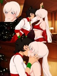 black_hair christmas christmas_outfit christmas_tree holidays kali_belladonna kissing milf mistletoe necromalock rwby tagme weiss_schnee white_hair