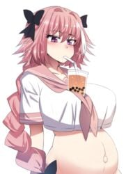 astolfo_(fate) bangs black_bow blush bow braid breasts bubble_tea bubble_tea_challenge crop_top crop_top_overhang drinking drinking_straw eyebrows_visible_through_hair fate/grand_order fate_(series) female genderswap_(mtf) hair_intakes hair_ribbon hairbow highres hinghoi large_breasts long_hair midriff multicolored_hair navel object_on_breast outie_navel pink_hair popped_navel pregnant purple_eyes ready_to_pop ribbon round_belly rule_63 school_uniform serafuku shirt short_sleeves simple_background single_braid solo standing streaked_hair third-party_edit upper_body very_long_hair white_background white_shirt