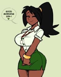 1girls beauty_mark big_breasts black_hair breasts button-up button_shirt closed_eyes dark-skinned_female dark_skin english_text female female_only furiousart happy imani_(zrfurious) mole mole_under_eye ponytail secretary secretary_outfit skirt zrfurious