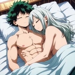 ai_generated bed breasts closed_eyes completely_nude couple cuddling green_hair hugging isogil izuku_midoriya long_hair muscular_male my_hero_academia naked pecs rei_todoroki short_hair sleeping under_covers white_hair