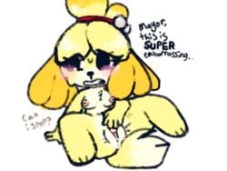 2019 4:3 animal_crossing anthro ass bell big_clitoris big_ears black_eyes blonde_hair blush blush_stickers bodily_fluids breasts canid canine canis clitoris digital_media_(artwork) dipstick_tail domestic_dog embarrassed english_text featureless_feet female floppy_ears fur genital_fluids glistening hair inverted_nipples isabelle_(animal_crossing) lying mammal masturbation multicolored_tail nervous nintendo nipples nude on_back pink_nipples pink_pussy plump_labia punchii pussy pussy_juice scared shortstack simple_background small_breasts solo sparkles sweat text toy_dog video_games wet white_background yellow_fur