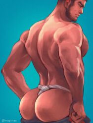 1boy 2023 ass ass_focus back back_view bara bara_ass big_ass big_ass_(male) big_butt blue_background bubble_butt facial_hair fundoshi golden_kamuy hairy_chest looking_down male male_focus male_only muscular muscular_arms muscular_back muscular_male nopinzo pants_down pants_pull presenting presenting_ass round_ass sideburns simple_background solo solo_male standing tanigaki_genjirou thick_eyebrows twitter_username