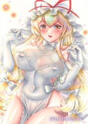 1girls blonde_hair blush bow breasts bride brown_eyes clothed dress female_focus gloves hat large_breasts light-skinned_female light_skin long_hair mimikoro mob_cap navel navel_visible_through_clothes nipple_bulge open_mouth simple_background solo solo_focus thighs touhou veil watermark wedding wedding_dress wedding_veil yakumo_yukari yukari_yakumo