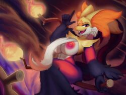 abs absurd_res anthro areola big_breasts breasts broom broom_riding canid canine cleaning_tool delphox female fire fox fur generation_9_pokemon hi_res inner_ear_fluff lennoxicon looking_at_viewer mammal mega_delphox mega_evolution navel nintendo nipples pokemon pokemon_(species) red_body red_fur smile solo tail tuft yellow_body yellow_fur