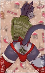 all_fours anthro bulge christmas christmas_clothing clothing domestic_cat felid feline felis grin hi_res holidays jockstrap legwear looking_back lust_shards male mammal mindoffur purple_body raised_tail rear_view smile solo stockings sweater tail tate_(lust_shards) topwear underwear