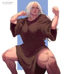 commission female kasai_x3 lejeanx3 loincloth muscle muscular_female muscular_thighs one_piece_suit original original_character silver_hair thick_thighs voluptuous_female