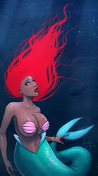 1girls ariel ariel_(halle_bailey) barely_contained big_breasts bikini_top breasts bursting_breasts busty cleavage dark-skinned_female dark_skin devil_hs disney disney_princess female female_only fishnet_pantyhose full_cleavage hair large_breasts long_hair mermaid png princess red_hair shell shell_bikini signature solo the_little_mermaid thick_breasts