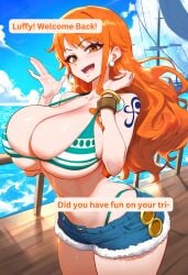 ai_generated big_breasts bikini clothing female female_only huge_breasts micro_bikini nami nami_(one_piece) one_piece oppaiainetorare text