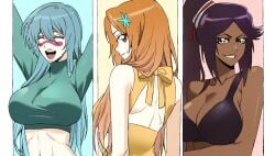 3girls arms_up big_breasts bleach bra breasts cleavage crop_top dark-skinned_female dark_skin dress facial_mark female female_only green_hair inoue_orihime light_skin long_hair midriff nauki_11 nelliel_tu_odelschwanck orange_hair ponytail purple_hair shihouin_yoruichi smile